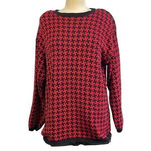 Celina Yang Vintage Red Black Houndstooth Ramie Cotton Tunic Pullover Sweater L